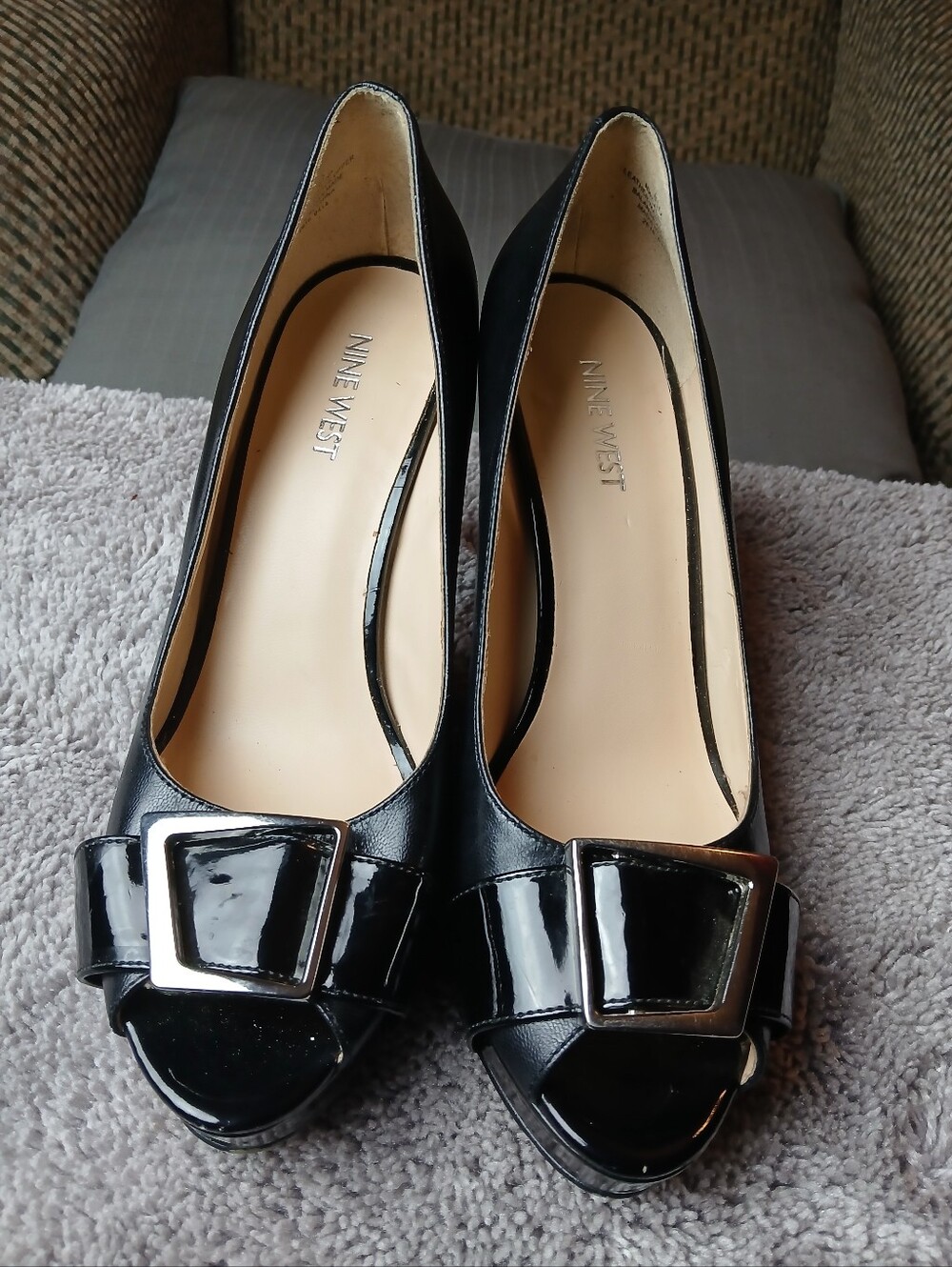Nine West Black Patent Peep-Toe Pumps with Buckle